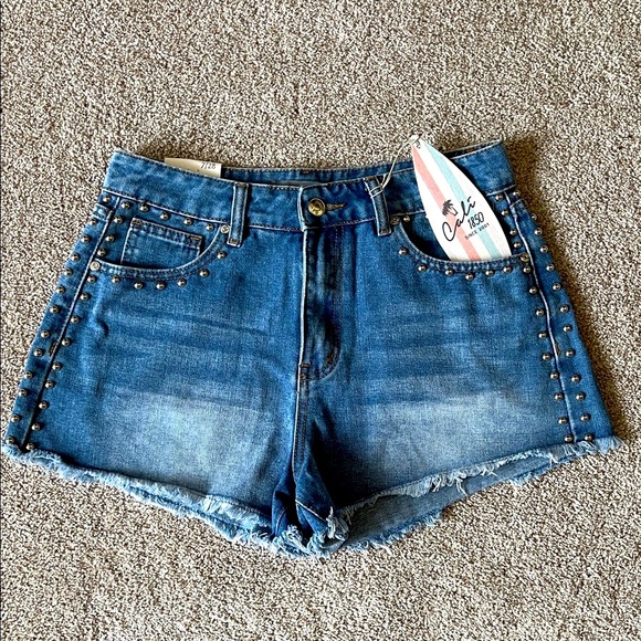 Cali-1850 Pants - Cali-1850 Blue Denim Studded Festival Shorts Sz 7/28